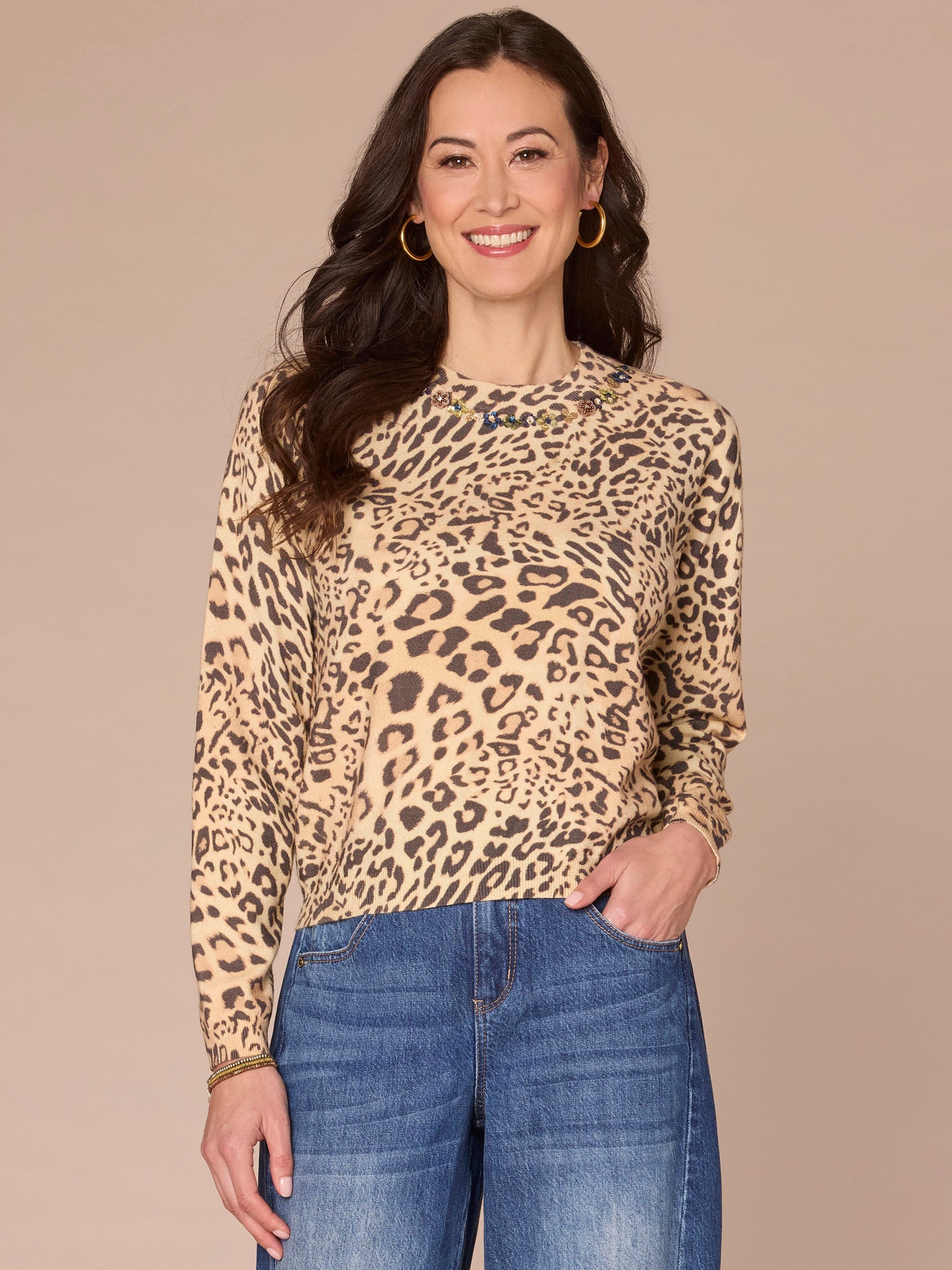 Long Sleeve Round Sequin Embroidered Neck Animal Print Sweater