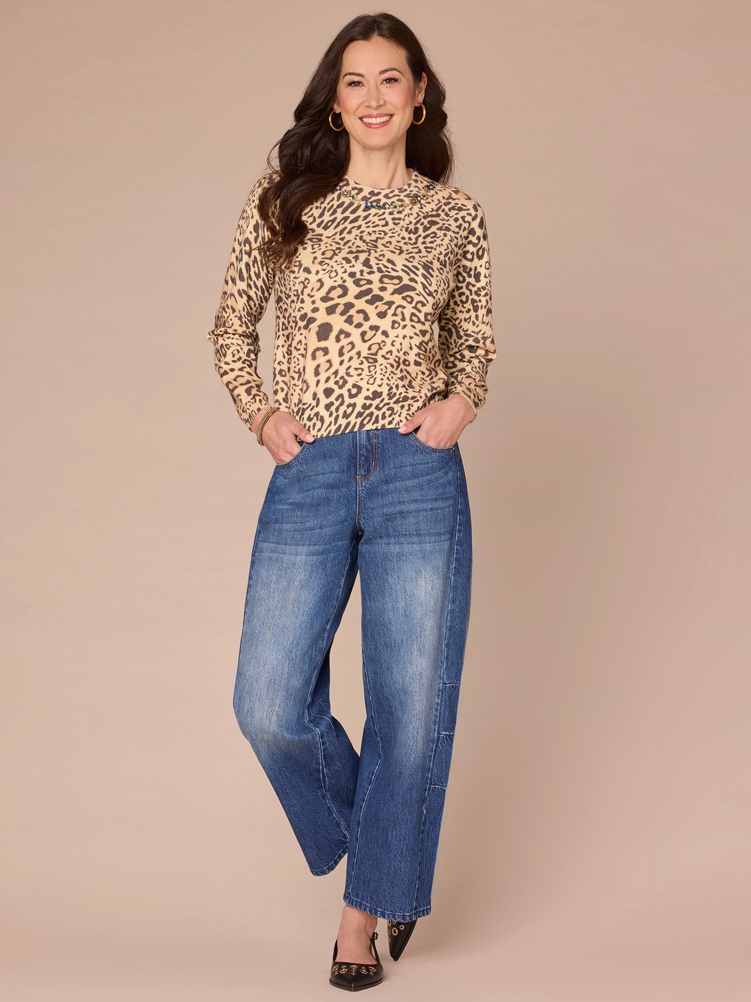 Long Sleeve Round Sequin Embroidered Neck Animal Print Sweater - Image 4