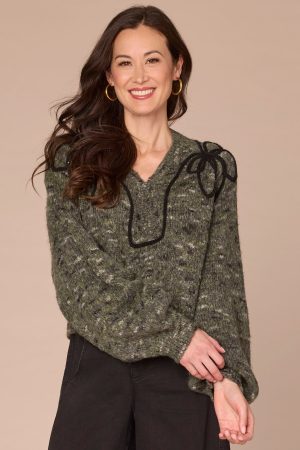 Long Raglan Sleeve V-Neck Pull Over Sweater with Placement Embroidery