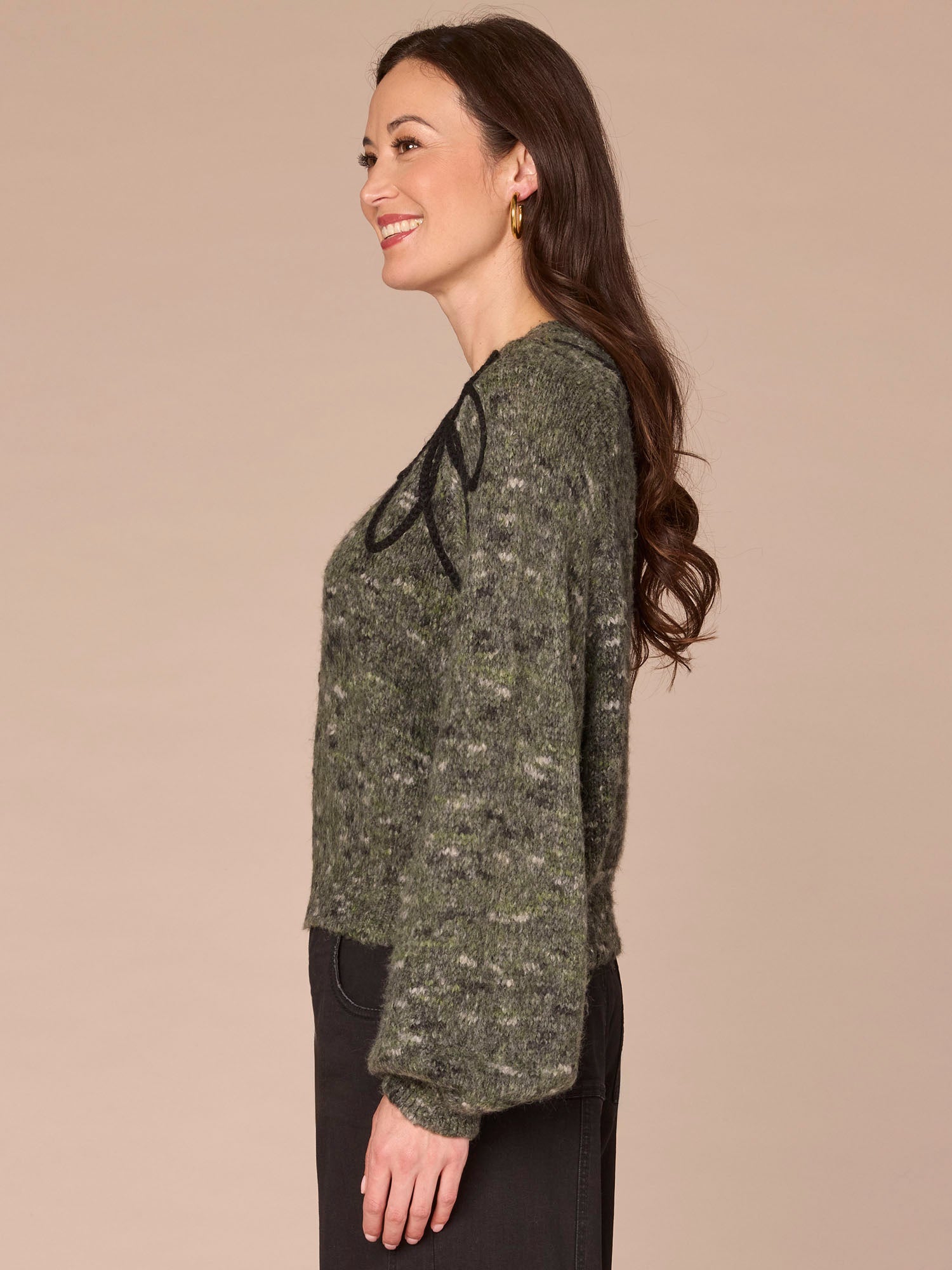 Long Raglan Sleeve V-Neck Pull Over Sweater with Placement Embroidery - Image 2