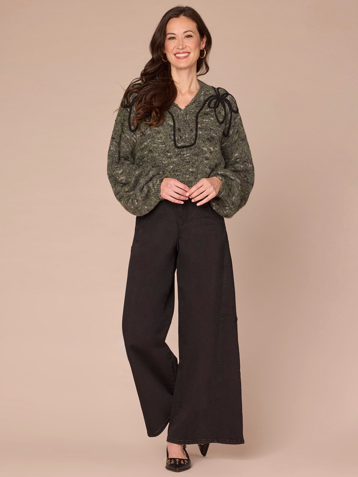 Long Raglan Sleeve V-Neck Pull Over Sweater with Placement Embroidery - Image 4