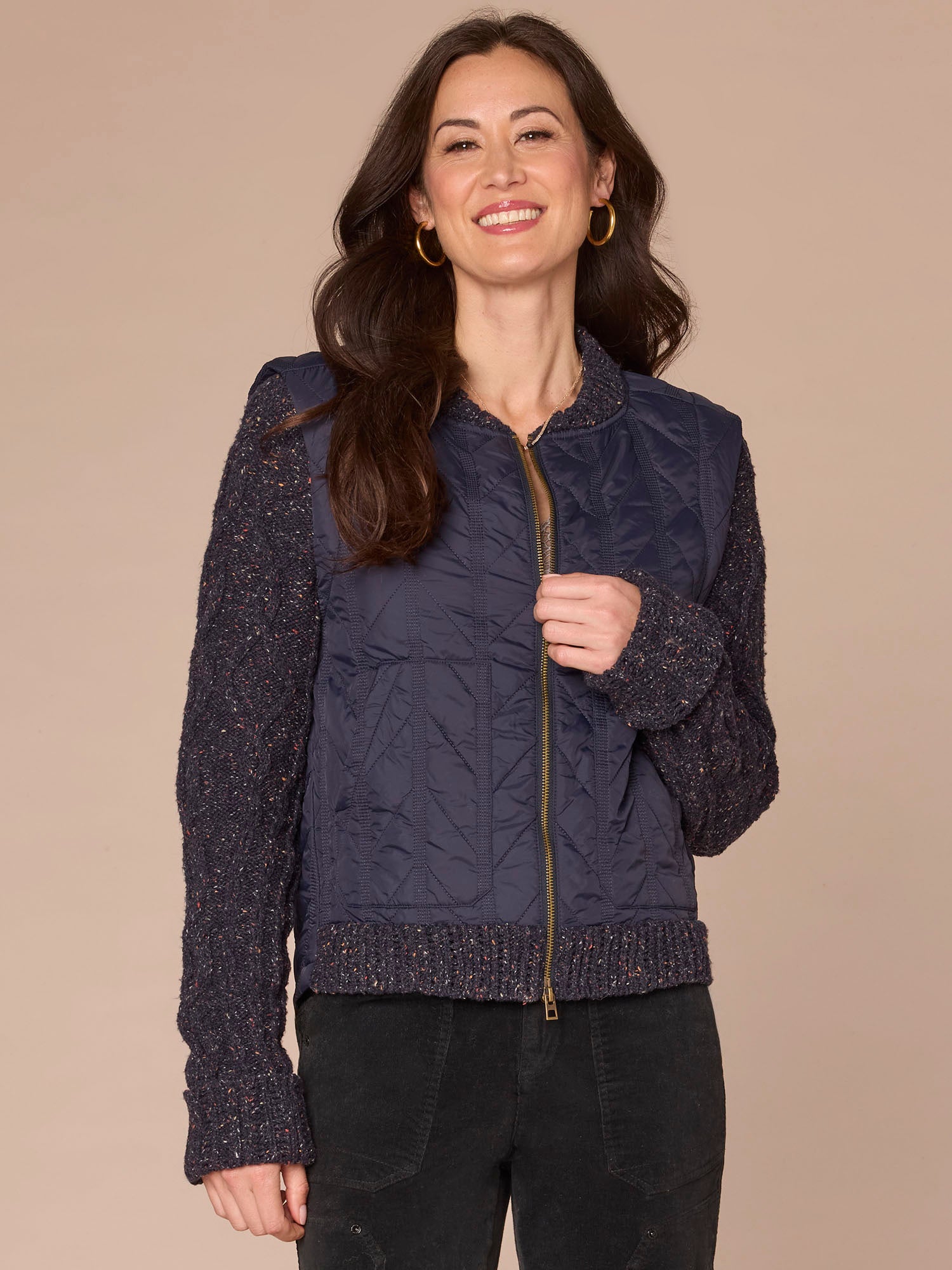 Long Sleeve Stand Collar Zip Front Twofer Quilted Vest Sweater Jacket