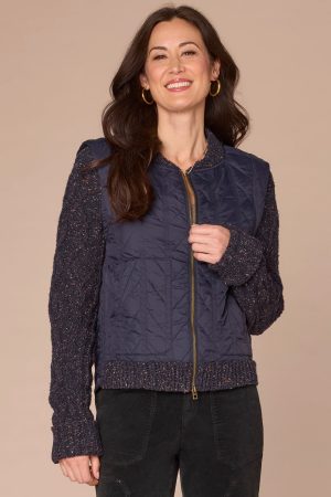 Long Sleeve Stand Collar Zip Front Twofer Quilted Vest Petite Jacket
