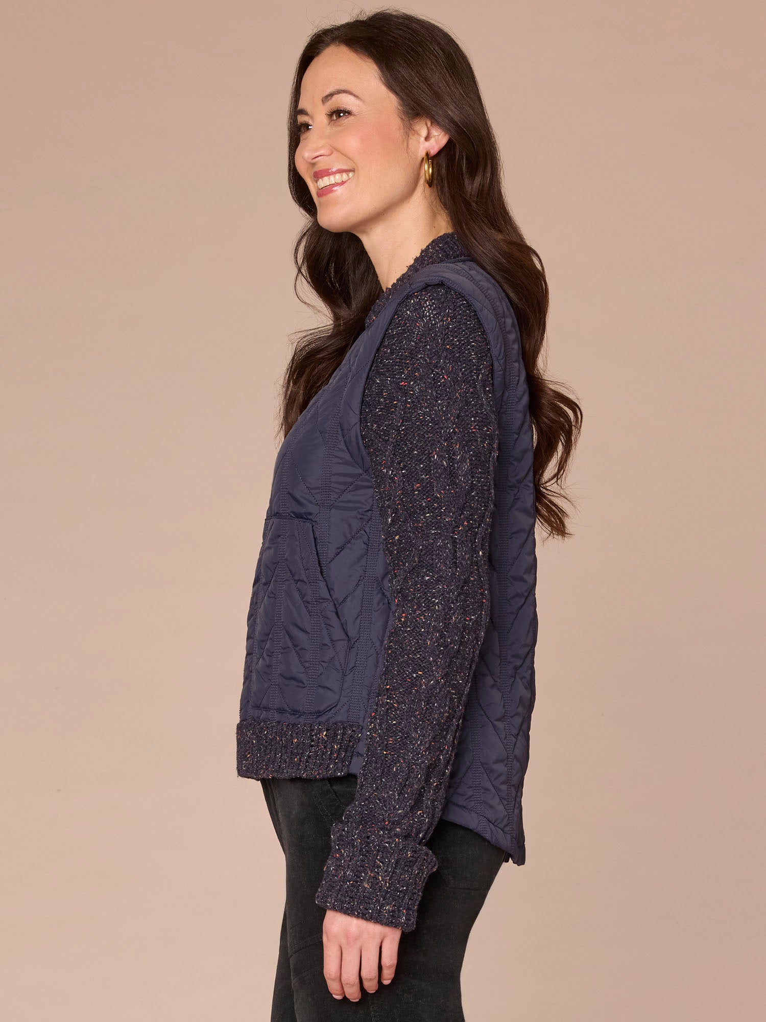 Long Sleeve Stand Collar Zip Front Twofer Quilted Vest Petite Jacket - Image 2