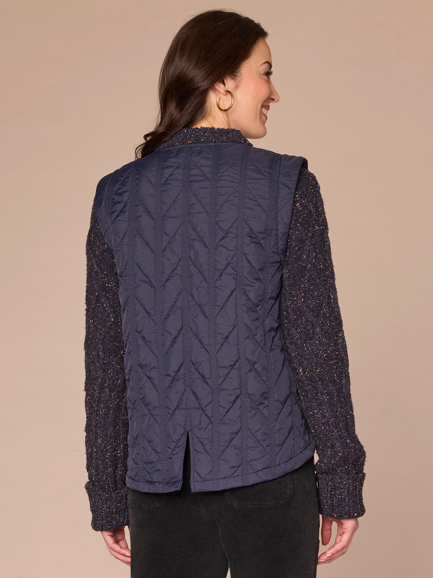Long Sleeve Stand Collar Zip Front Twofer Quilted Vest Petite Jacket - Image 3