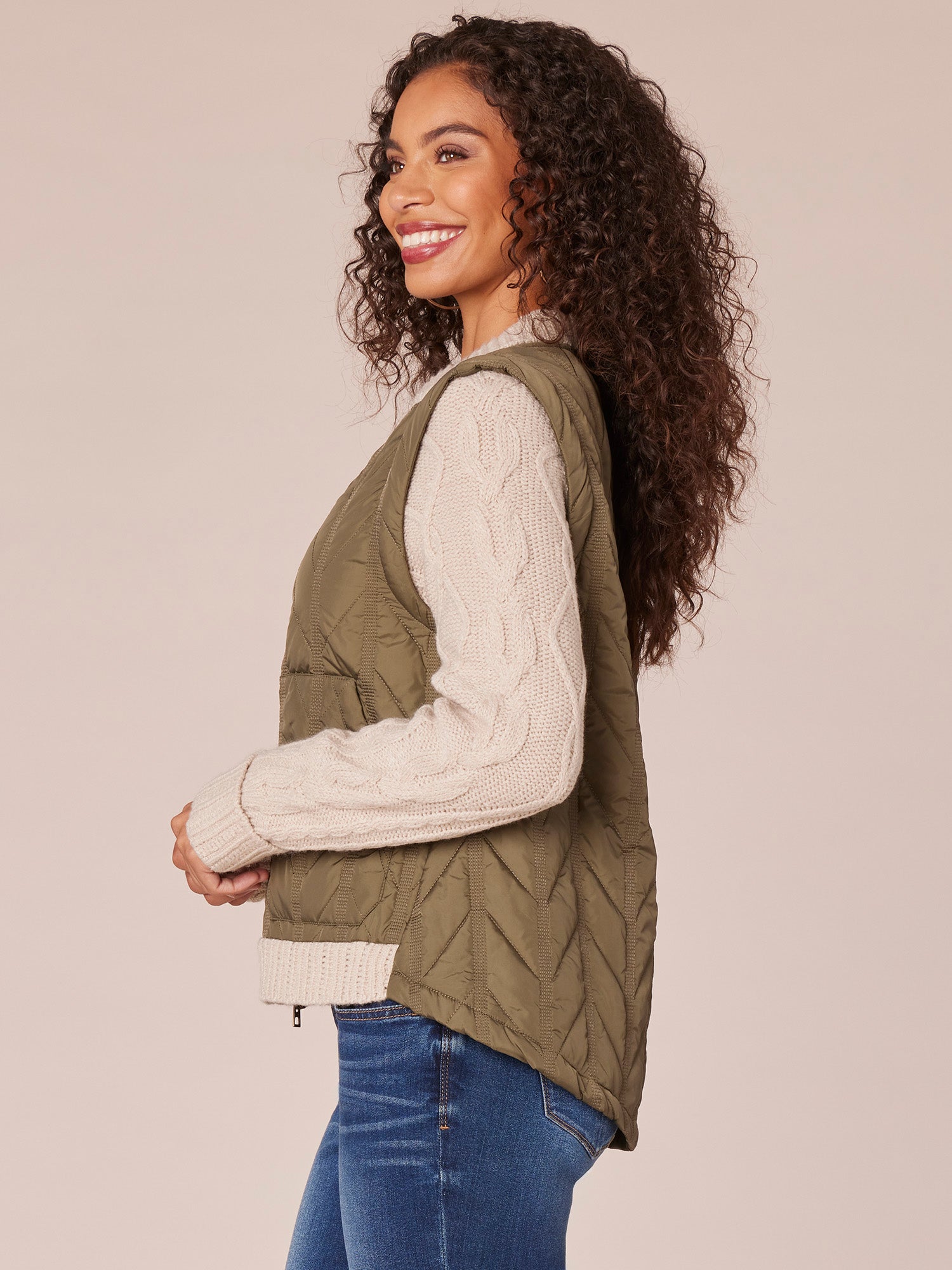 Long Sleeve Stand Collar Zip Front Twofer Quilted Vest Sweater Jacket - Image 8