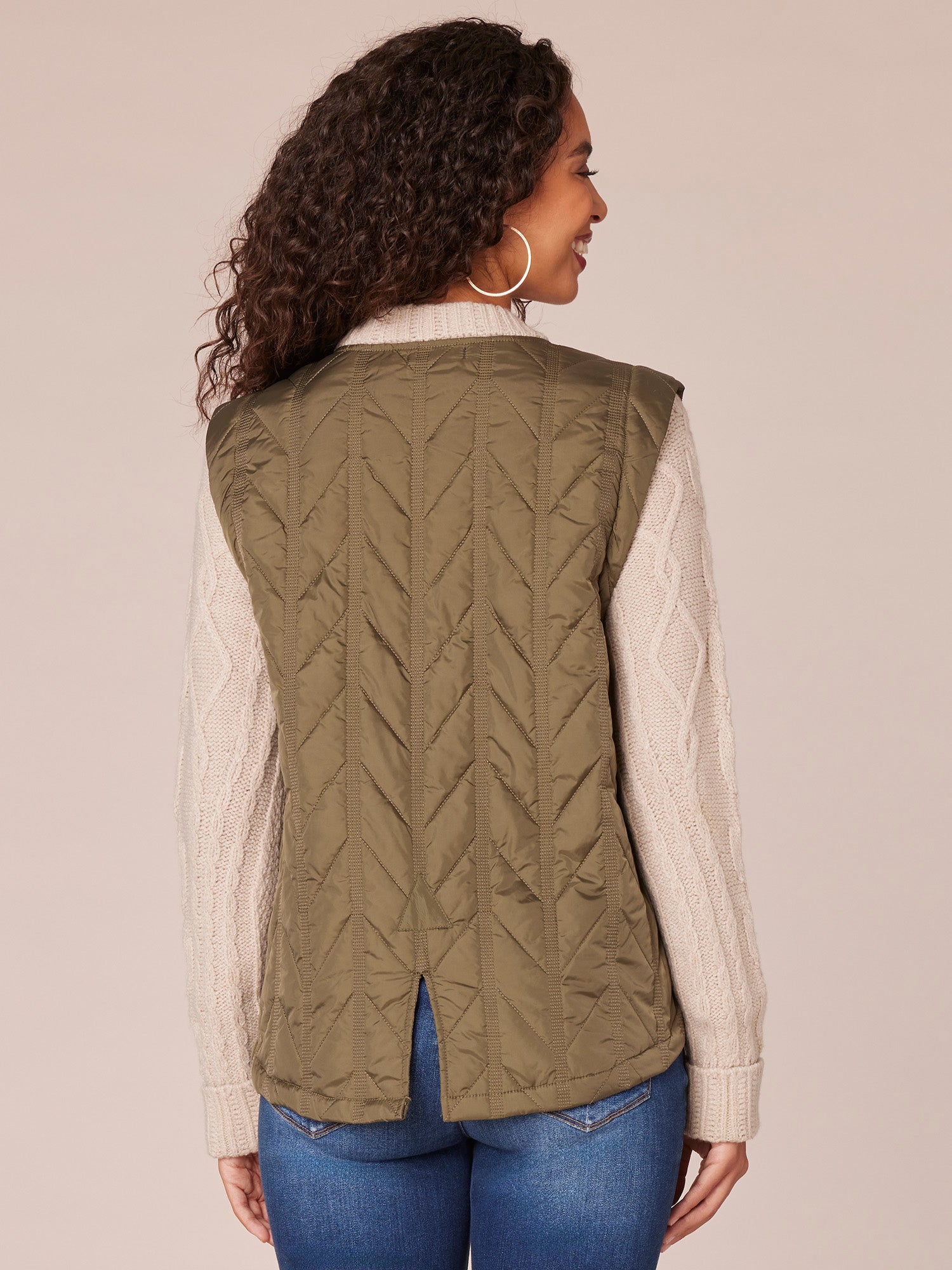 Long Sleeve Stand Collar Zip Front Twofer Quilted Vest Sweater Jacket - Image 7