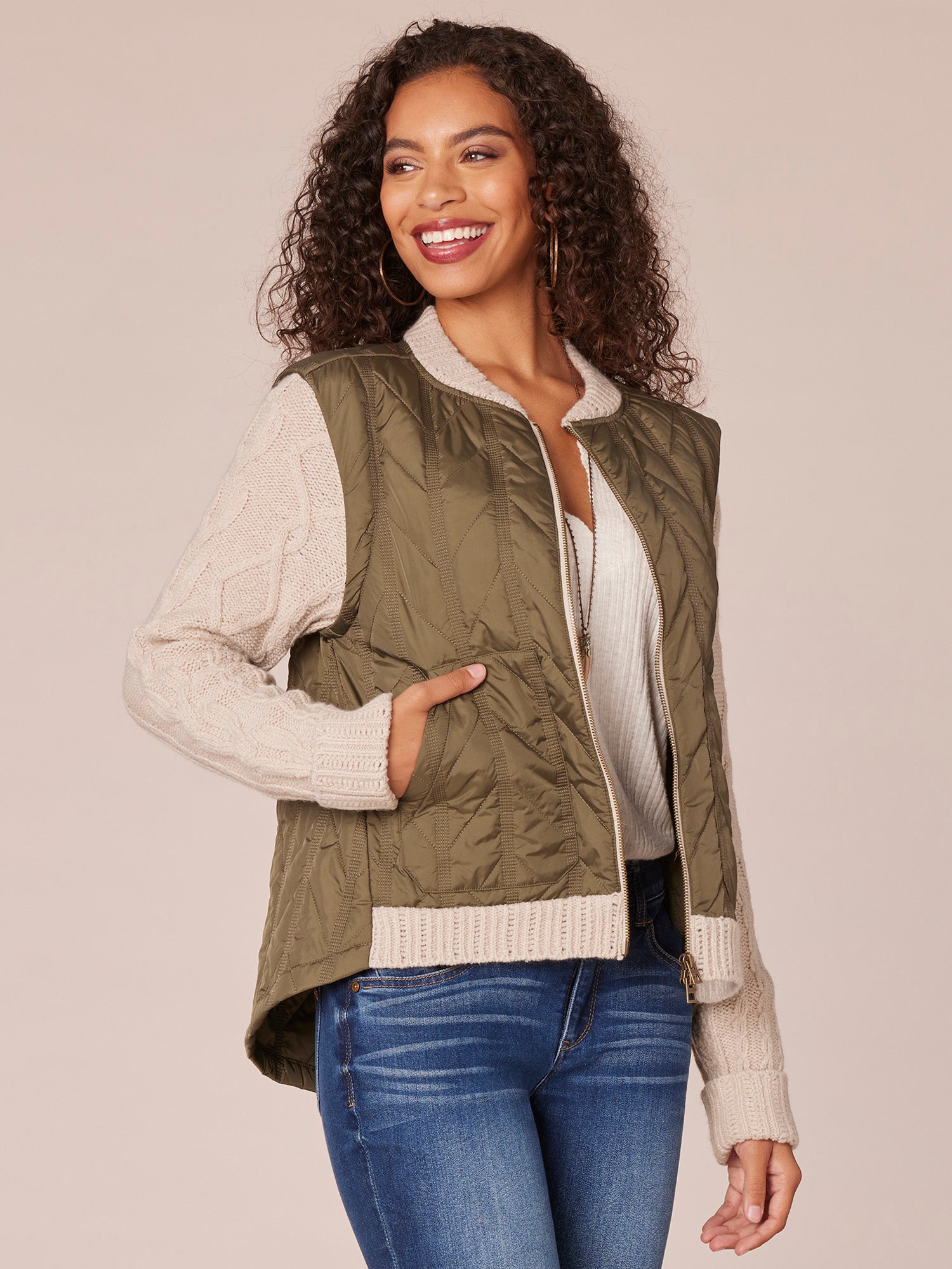 Long Sleeve Stand Collar Zip Front Twofer Quilted Vest Sweater Jacket - Image 6