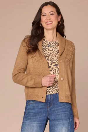 Long Sleeve Shawl Collar Button Down Embroidered Sweater Cardigan