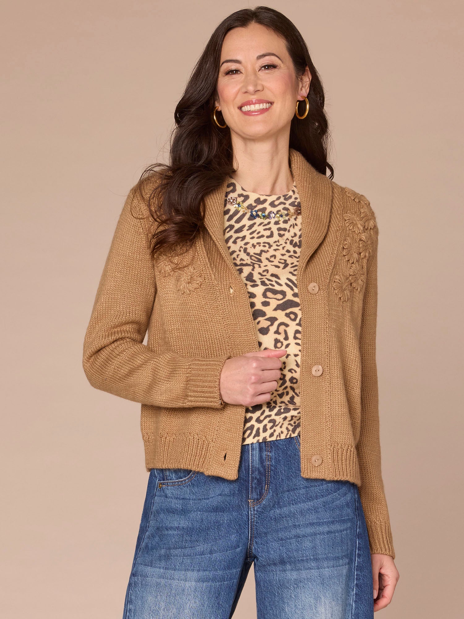 Long Sleeve Shawl Collar Button Down Embroidered Sweater Cardigan