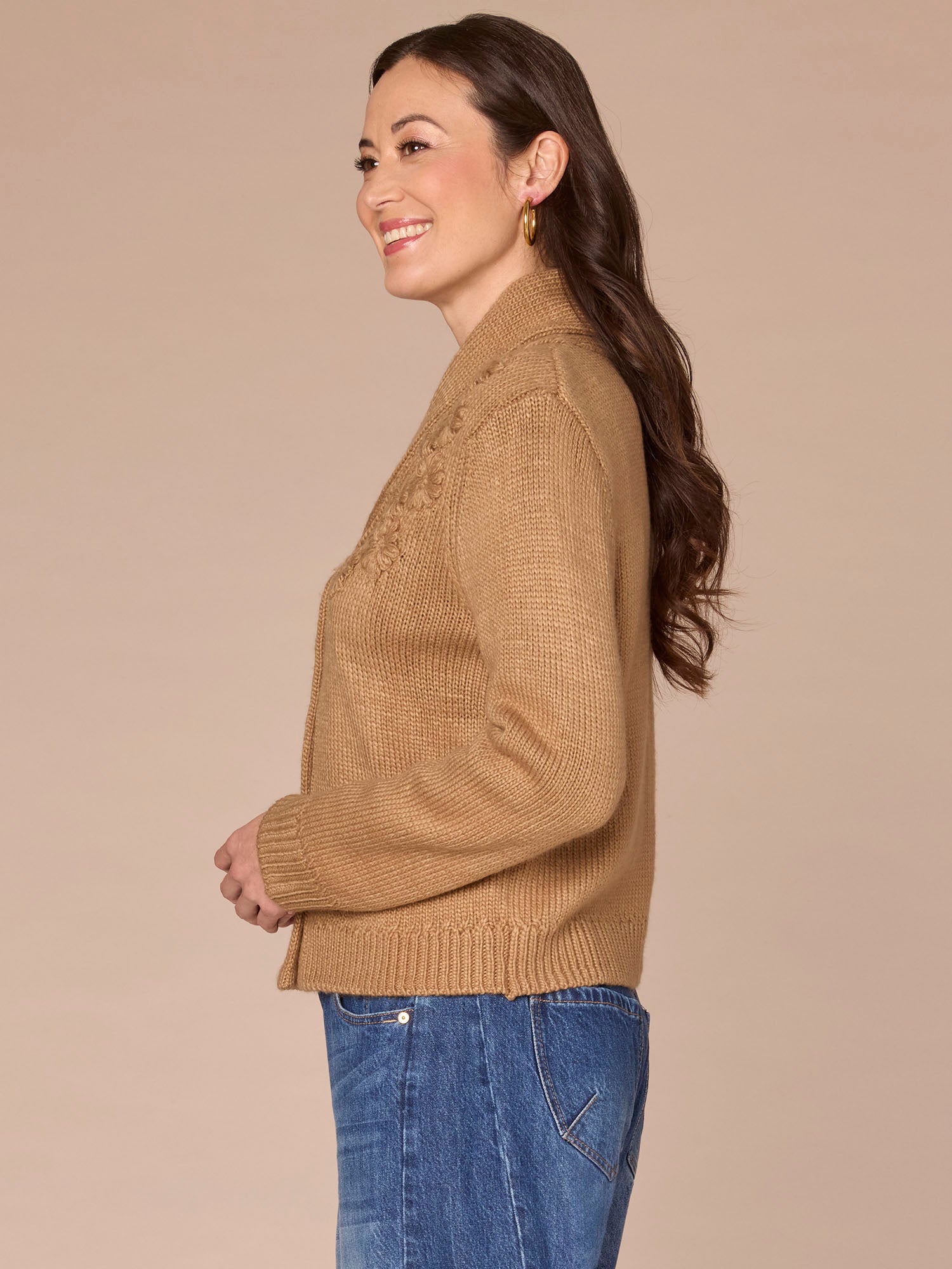 Long Sleeve Shawl Collar Button Down Embroidered Sweater Cardigan - Image 2