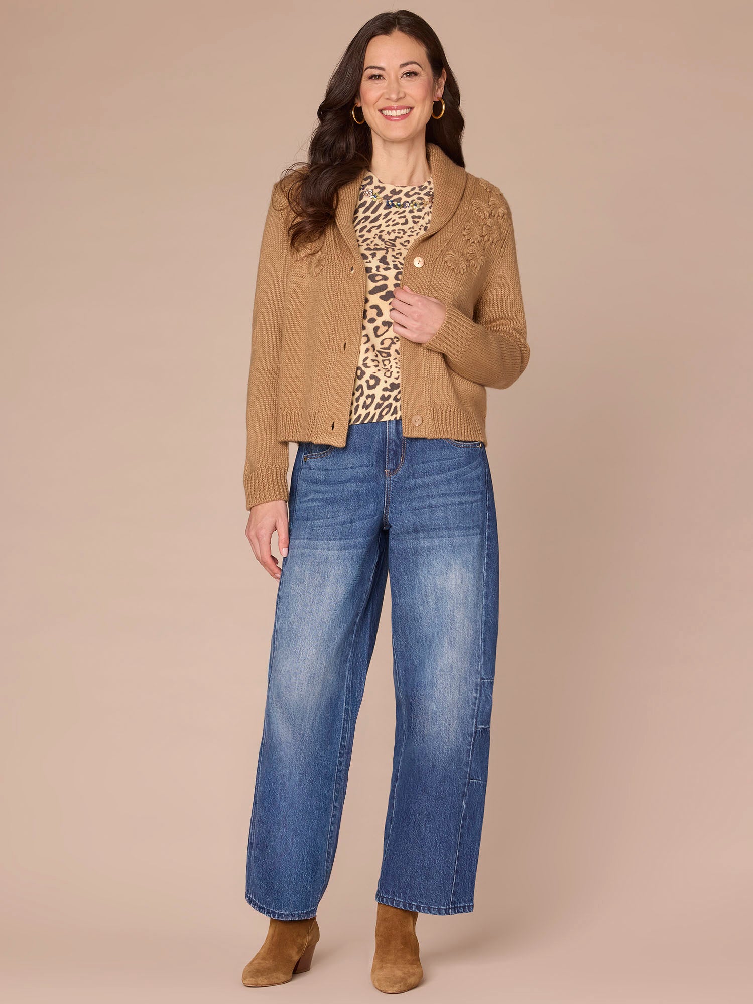 Long Sleeve Shawl Collar Button Down Embroidered Sweater Cardigan - Image 4