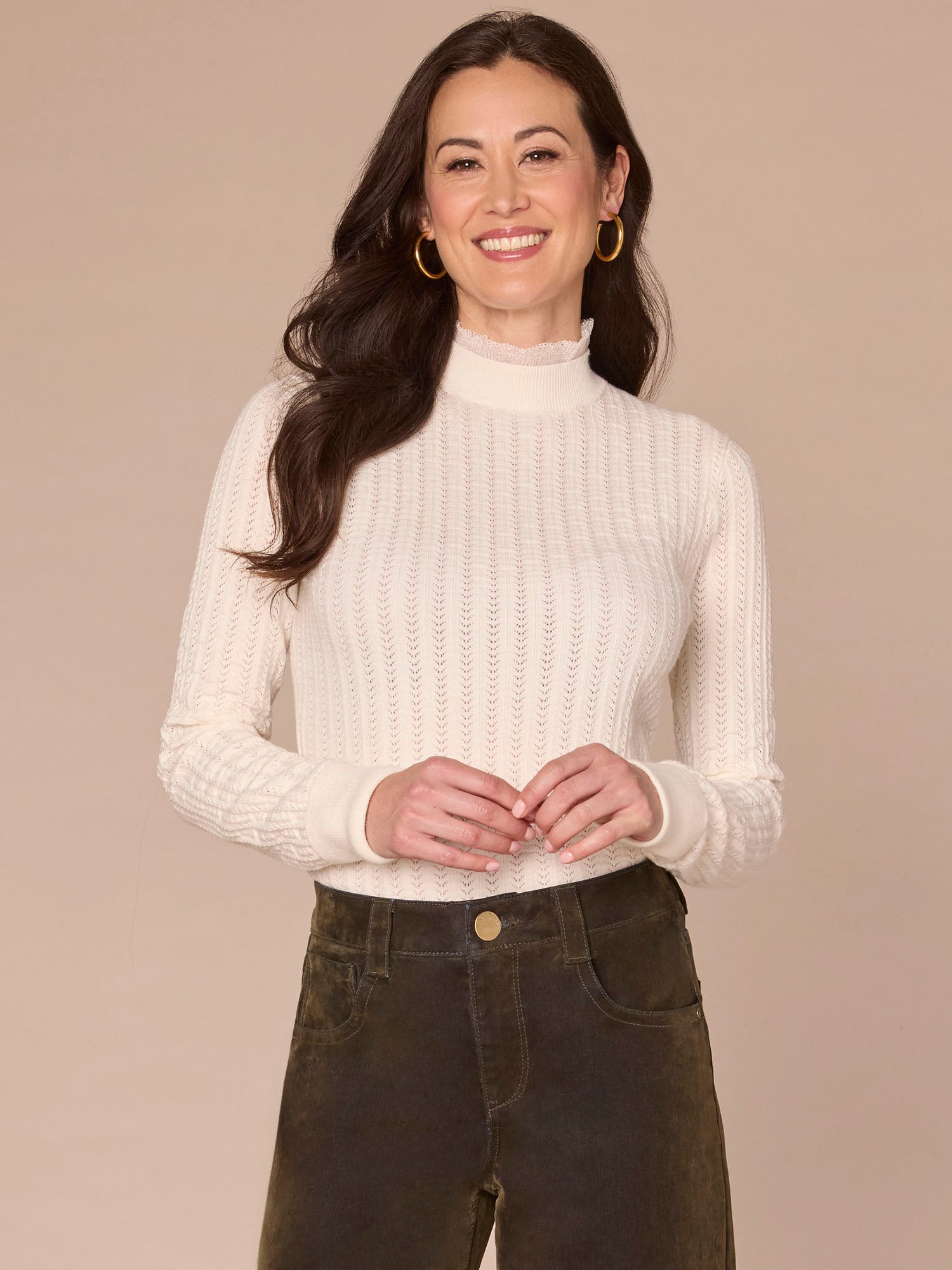 Long Sleeve Mock Neck Pointelle Sweater with Beaded Ruffle Edge