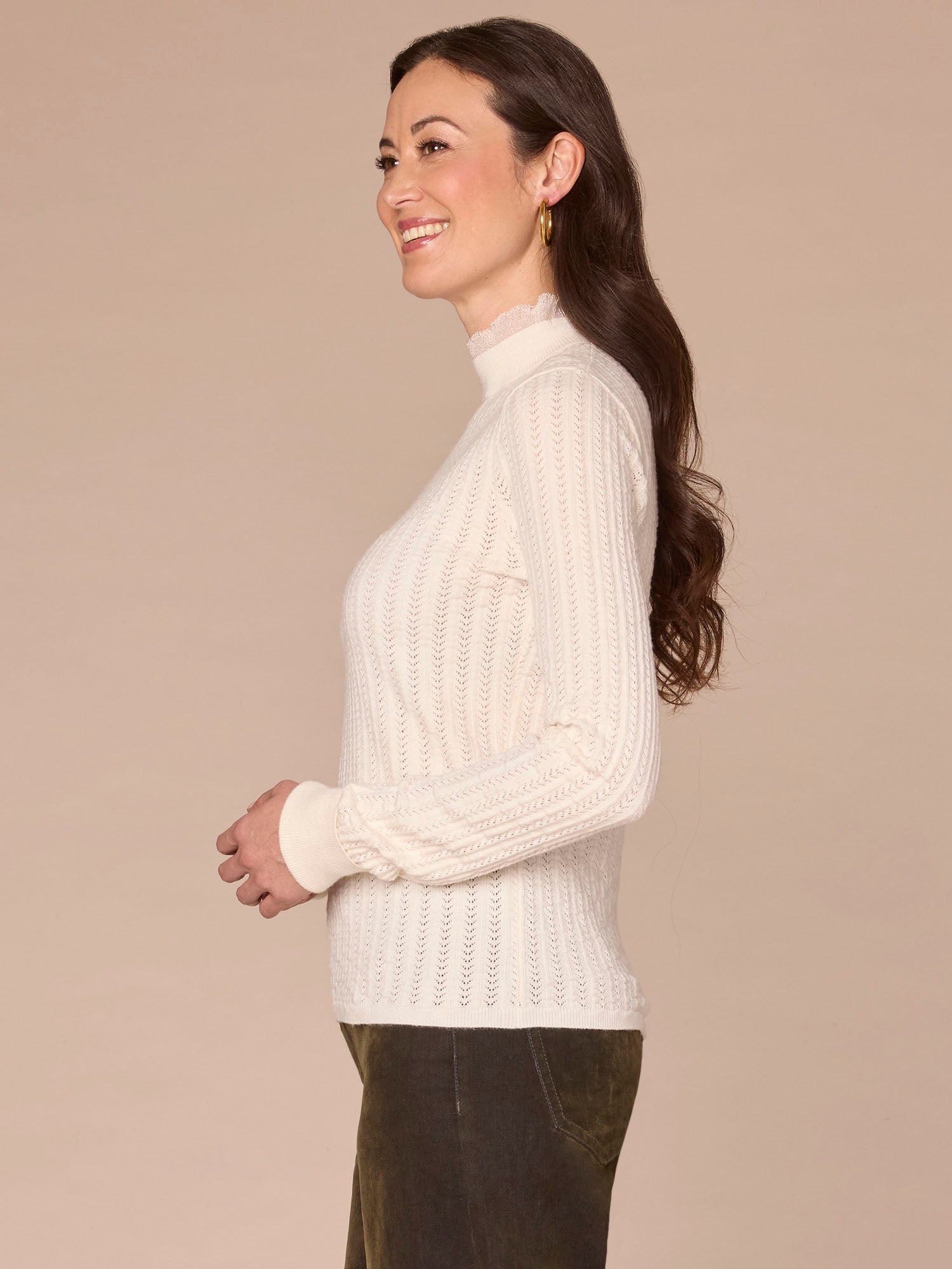 Long Sleeve Mock Neck Pointelle Sweater with Beaded Ruffle Edge - Image 2