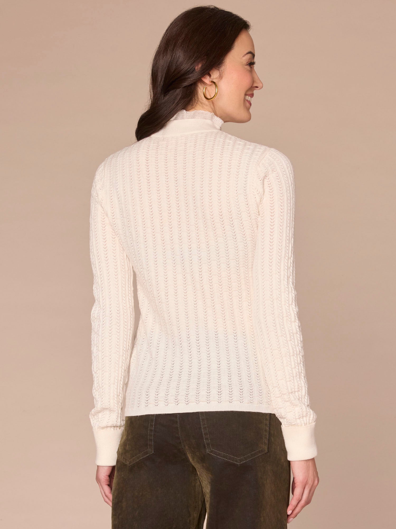 Long Sleeve Mock Neck Pointelle Sweater with Beaded Ruffle Edge - Image 3
