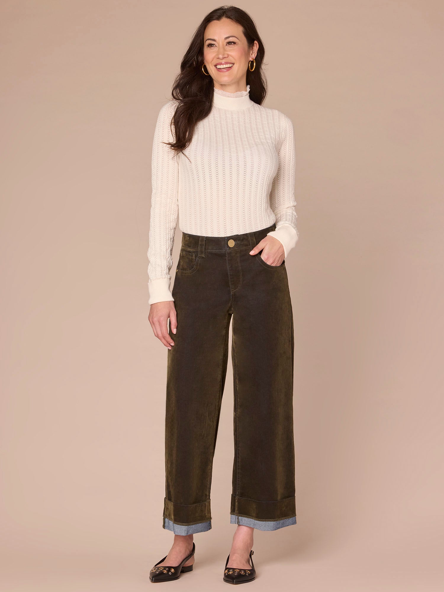 Long Sleeve Mock Neck Pointelle Sweater with Beaded Ruffle Edge - Image 4