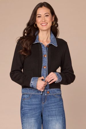 Long Sleeve Button Down Curved Hem Mixed Media Jacket