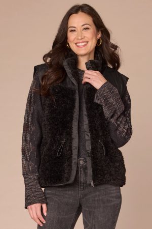 Funnel Neck Zip Front Toggle Waist Tie Contrast Mixed Media Knit Vest