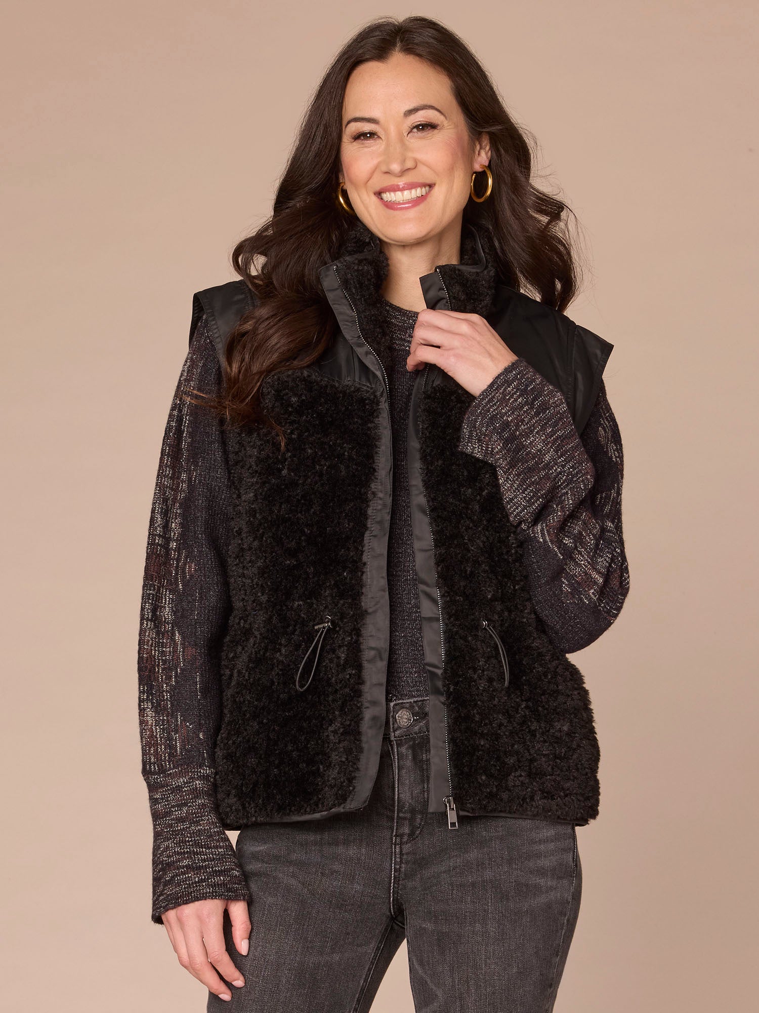 Funnel Neck Zip Front Toggle Waist Tie Contrast Mixed Media Knit Vest