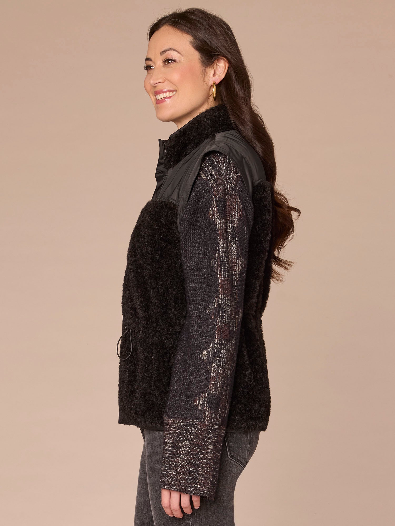 Funnel Neck Zip Front Toggle Waist Tie Contrast Mixed Media Knit Vest - Image 2