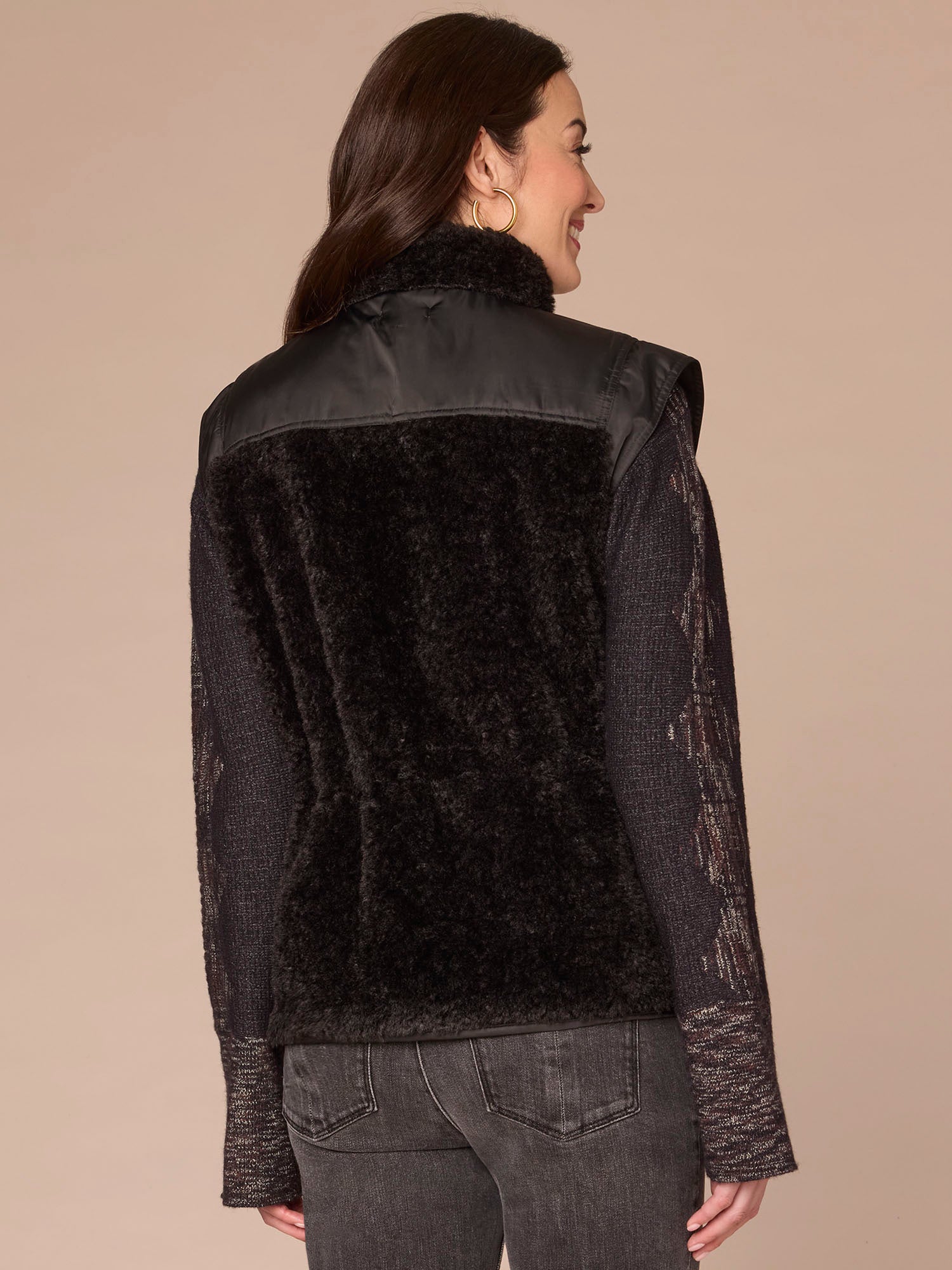 Funnel Neck Zip Front Toggle Waist Tie Contrast Mixed Media Knit Vest - Image 3