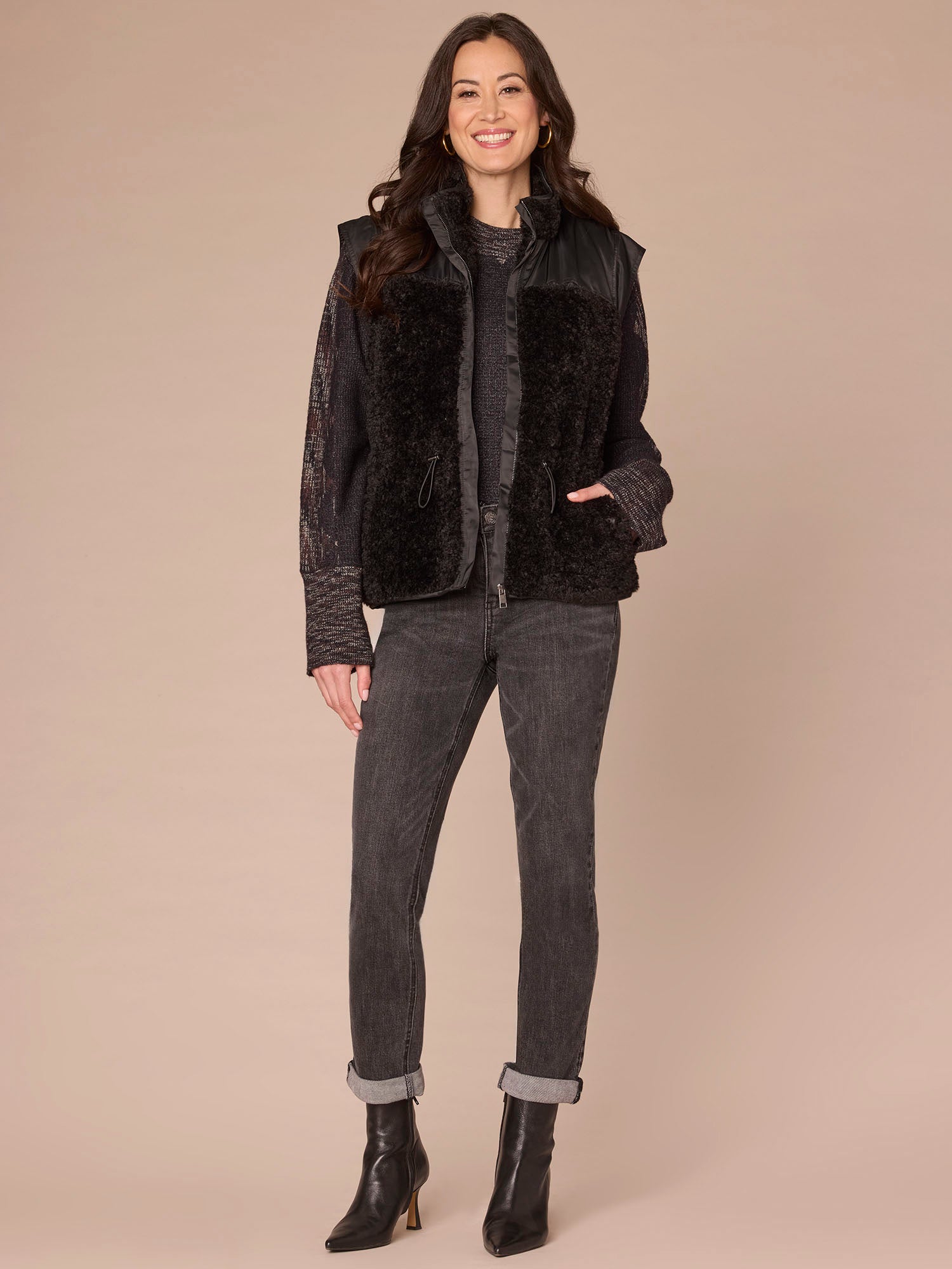 Funnel Neck Zip Front Toggle Waist Tie Contrast Mixed Media Knit Vest - Image 4