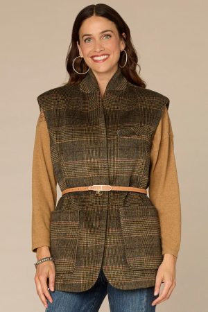 Cap Sleeve Stand Collar Button Front Elongated Woven Vest with Belt