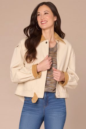 Long Sleeve Corduroy Contrast Denim Jacket with Hidden Zip Front