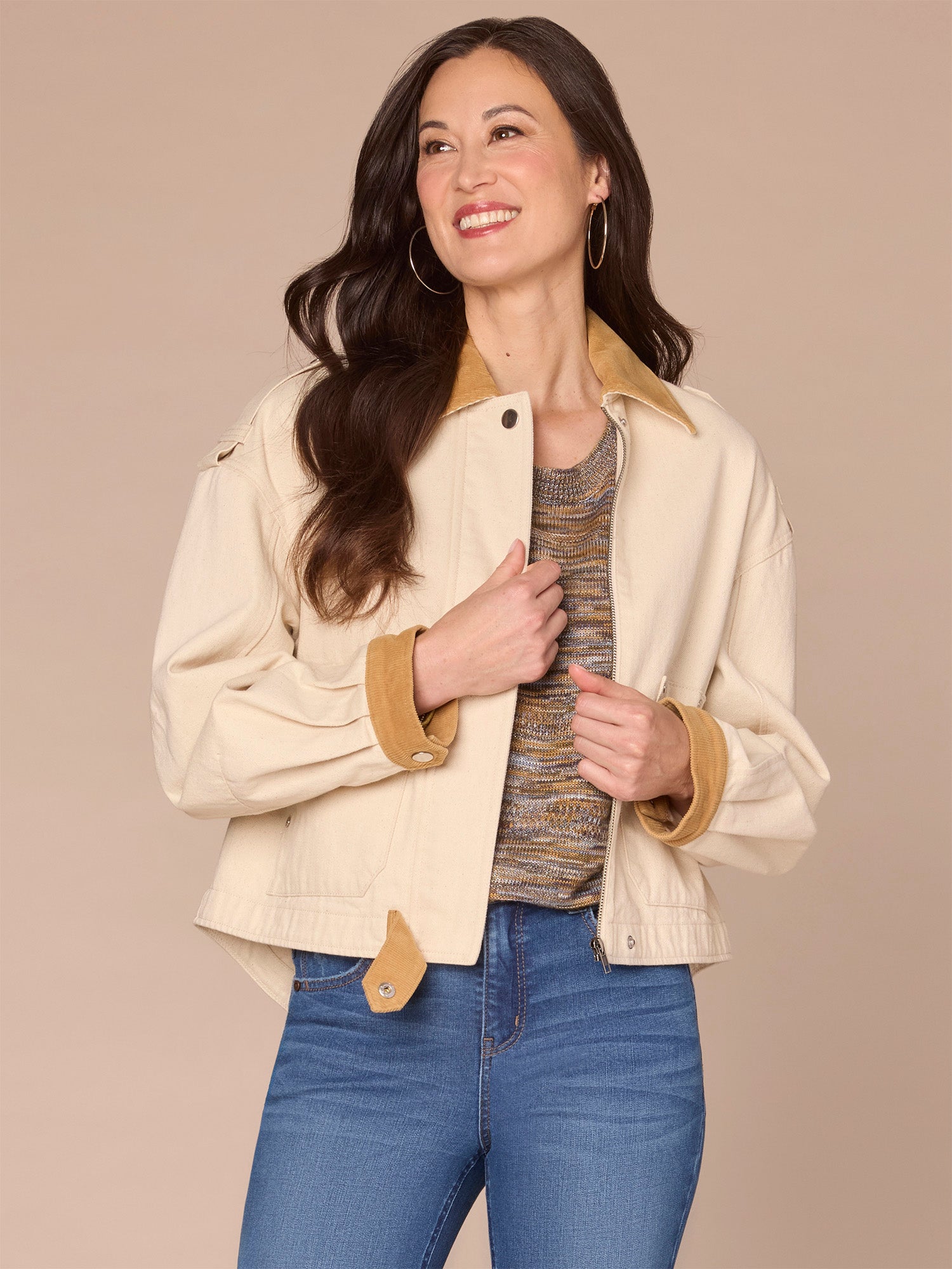 Long Sleeve Corduroy Contrast Denim Jacket with Hidden Zip Front