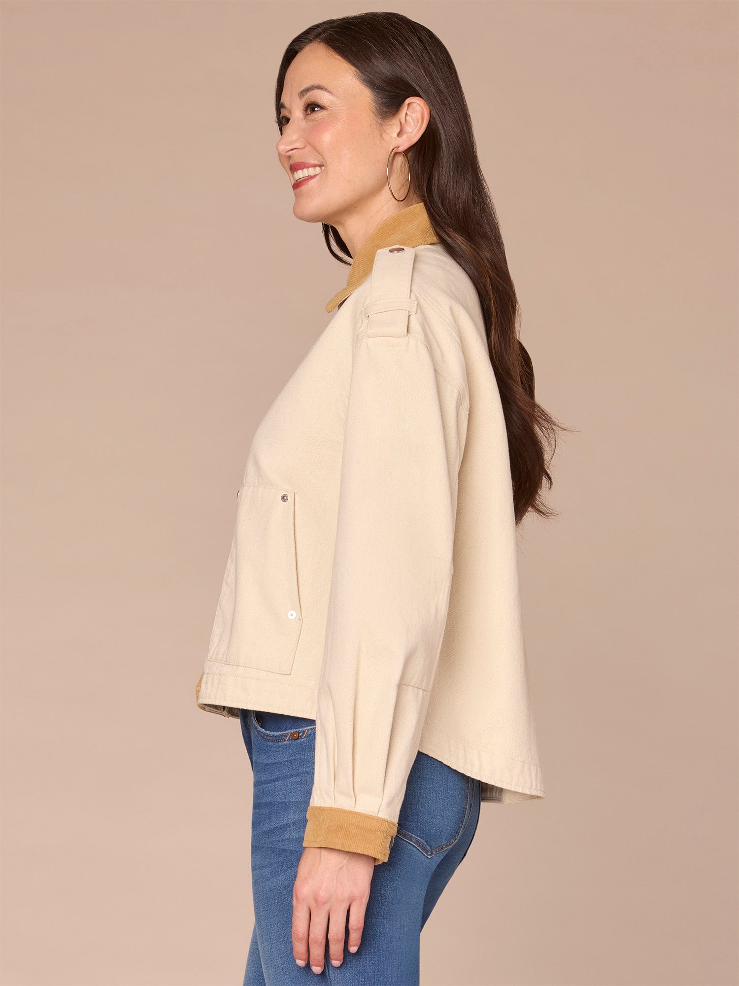 Long Sleeve Corduroy Contrast Denim Jacket with Hidden Zip Front - Image 2