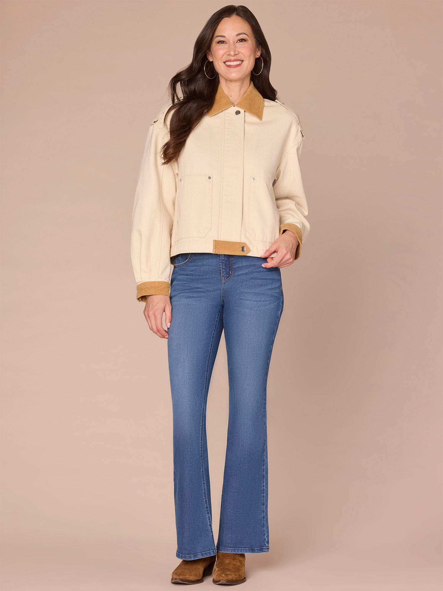 Long Sleeve Corduroy Contrast Denim Jacket with Hidden Zip Front - Image 4