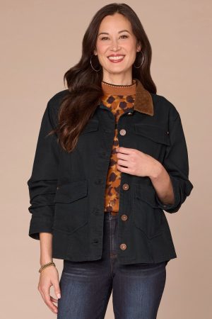 Three Quarter Ruched Sleeve Button Front Jacket with Contrast Collar