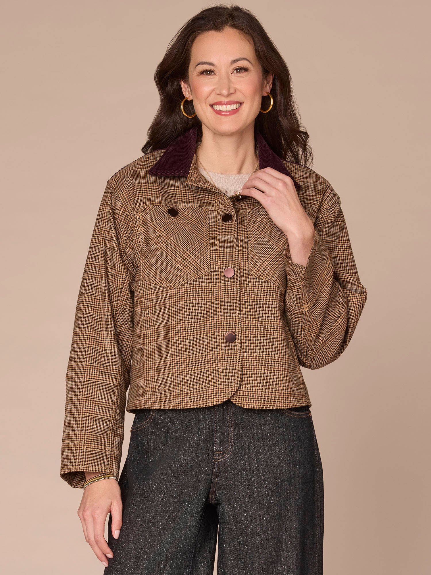 Long Sleeve Button Front Curved Yoke Contrast Corduroy Woven Jacket