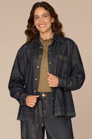 Long Sleeve Snap Button Release Hem Denim Shacket with Patch Pocket