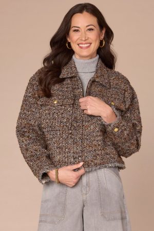 Long Sleeve Zip Front Cropped Fray Hem Petite Woven Jacket