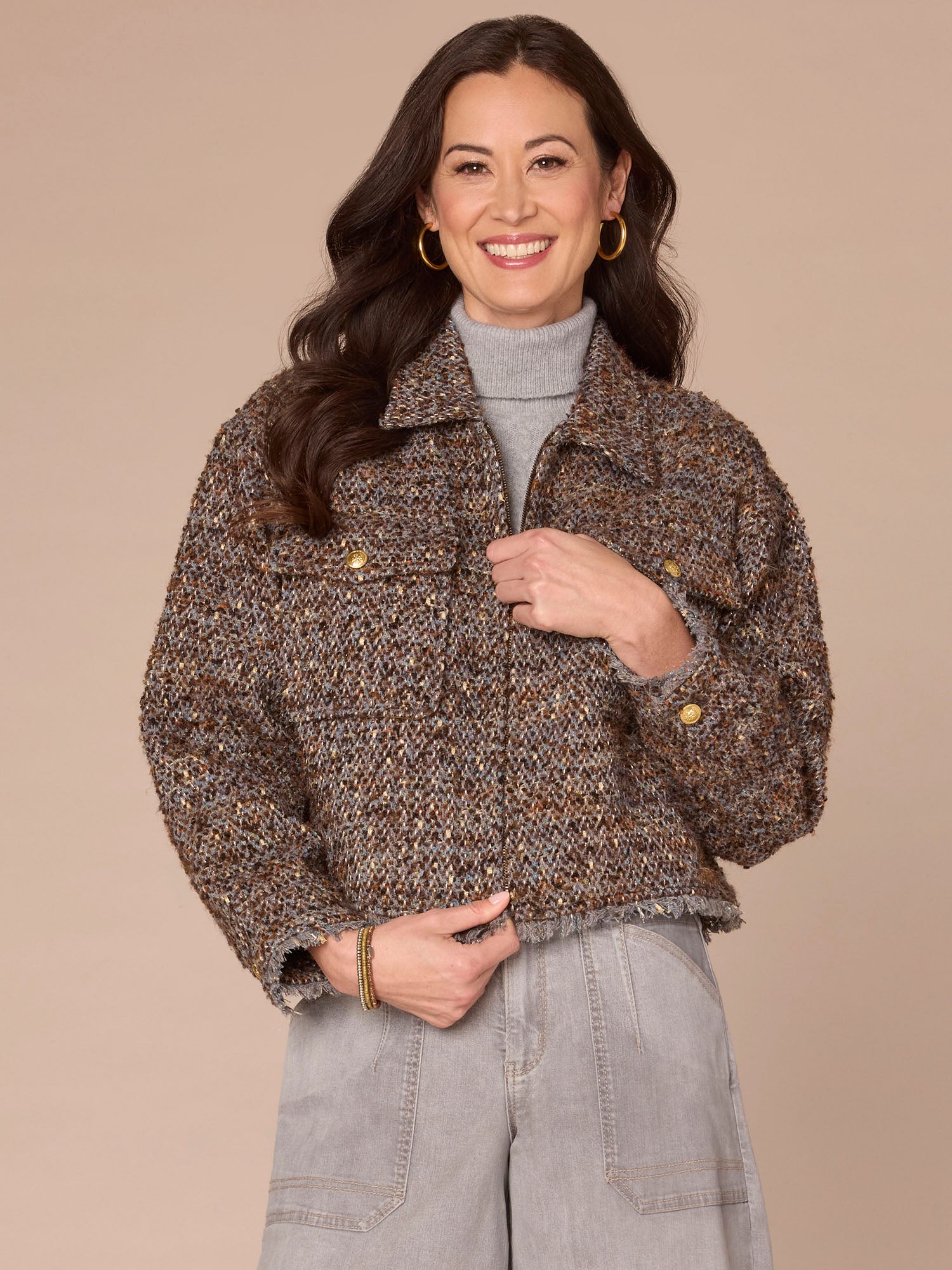 Long Sleeve Zip Front Cropped Fray Hem Petite Woven Jacket