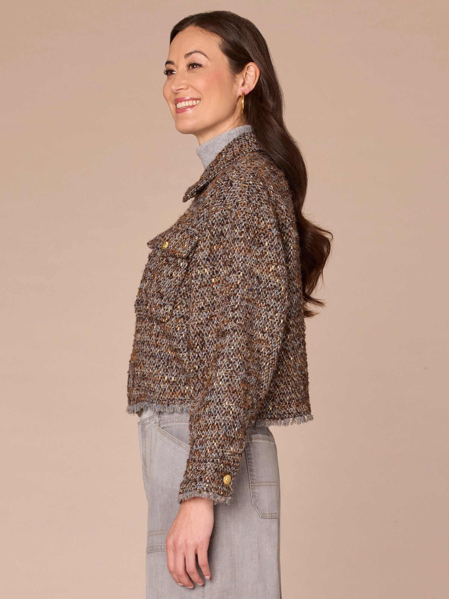 Long Sleeve Zip Front Cropped Fray Hem Petite Woven Jacket - Image 2