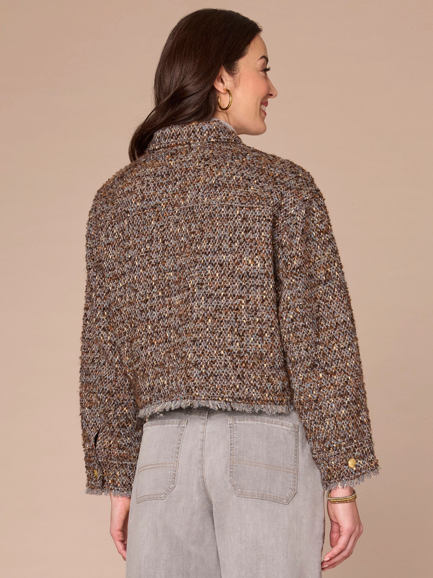 Long Sleeve Zip Front Cropped Fray Hem Petite Woven Jacket - Image 3