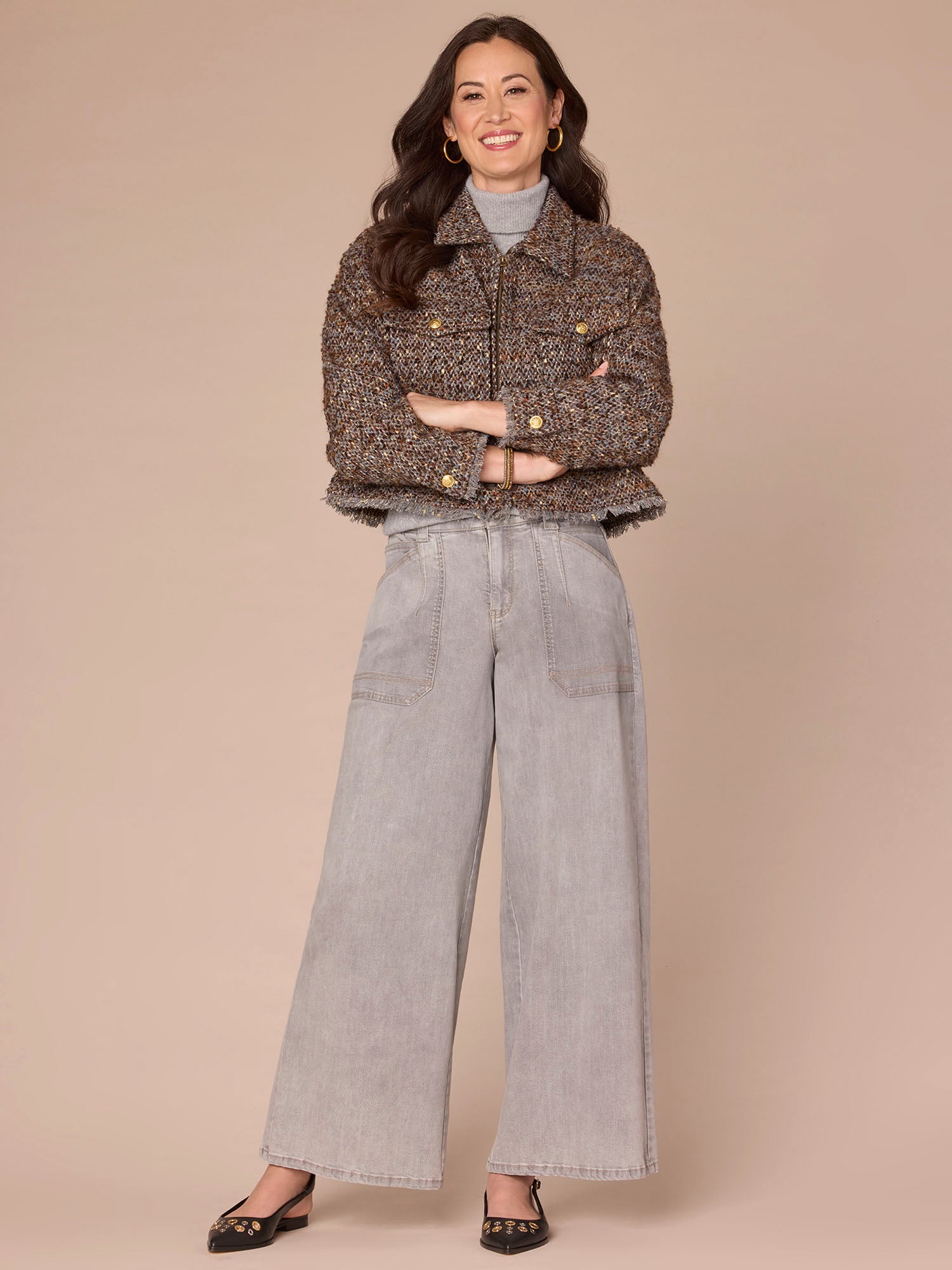 Long Sleeve Zip Front Cropped Fray Hem Petite Woven Jacket - Image 4