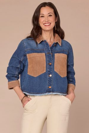 Ruched Sleeve Button Front Mixed Media Denim Jacket with Fray Hem