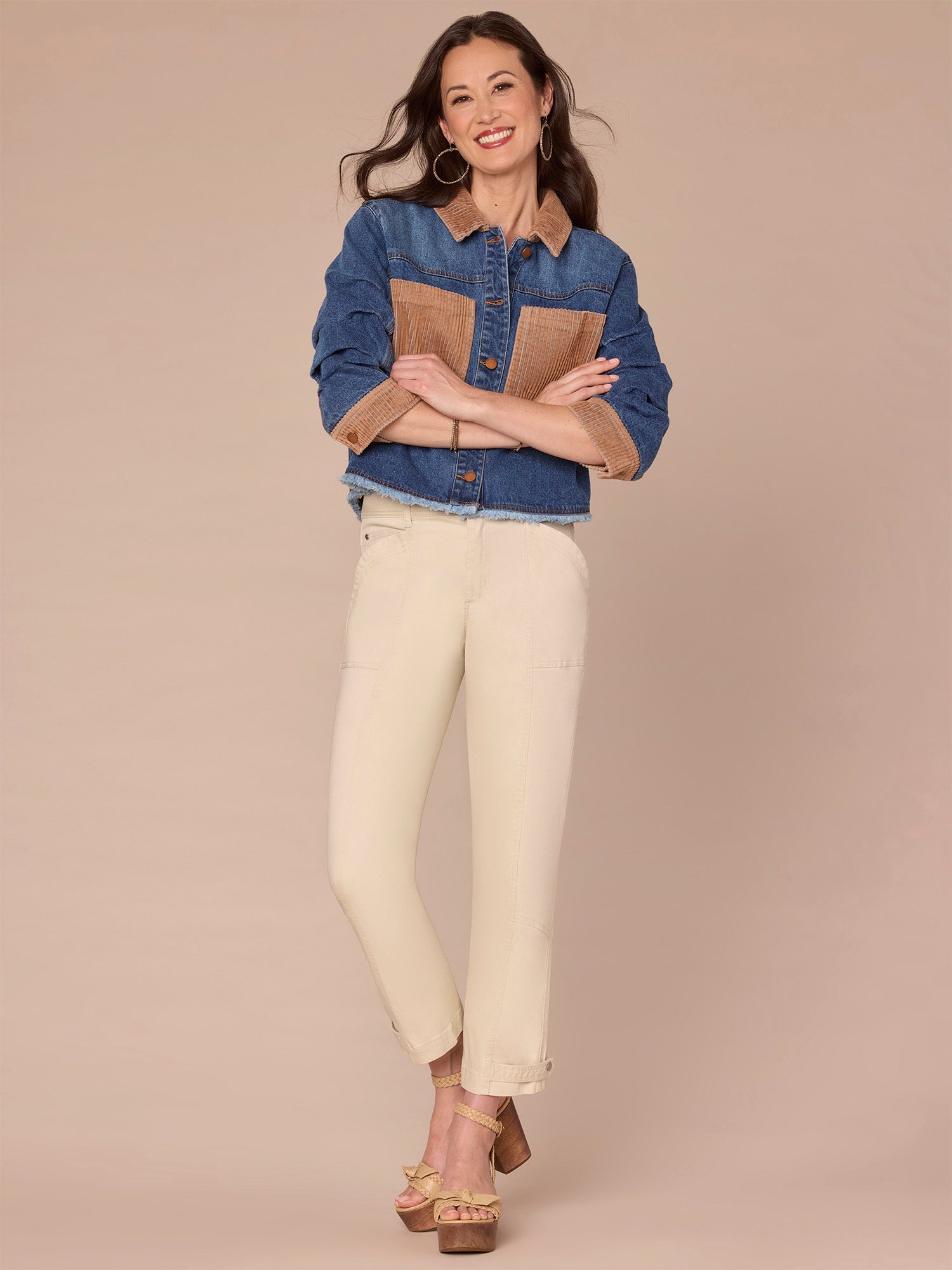 Ruched Sleeve Button Front Mixed Media Denim Jacket with Fray Hem - Image 2