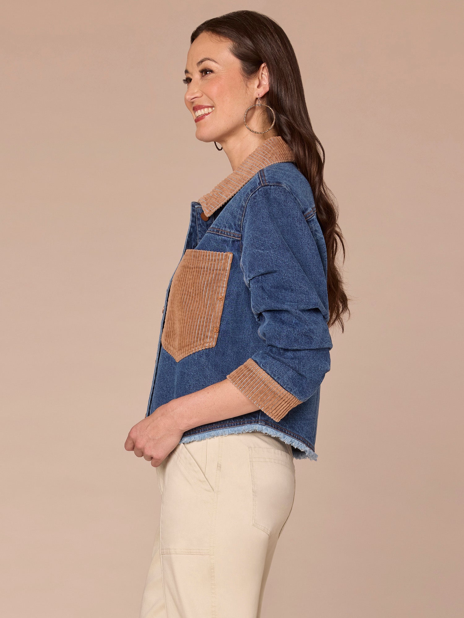 Ruched Sleeve Button Front Mixed Media Denim Jacket with Fray Hem - Image 3