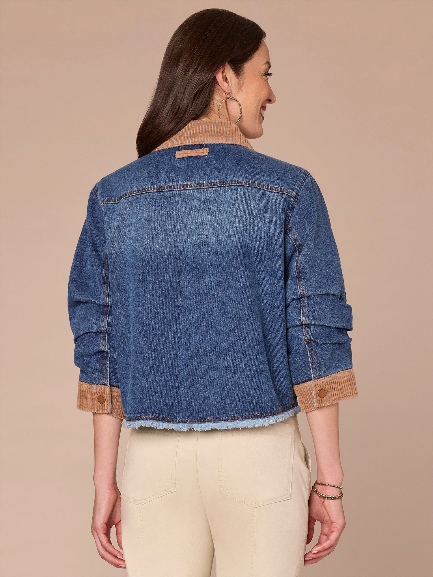 Ruched Sleeve Button Front Mixed Media Denim Jacket with Fray Hem - Image 4