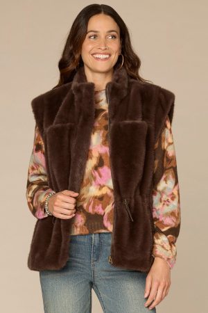 Cap Sleeve Funnel Neck Zip Front Woven Vest with Toggle Waist Ties