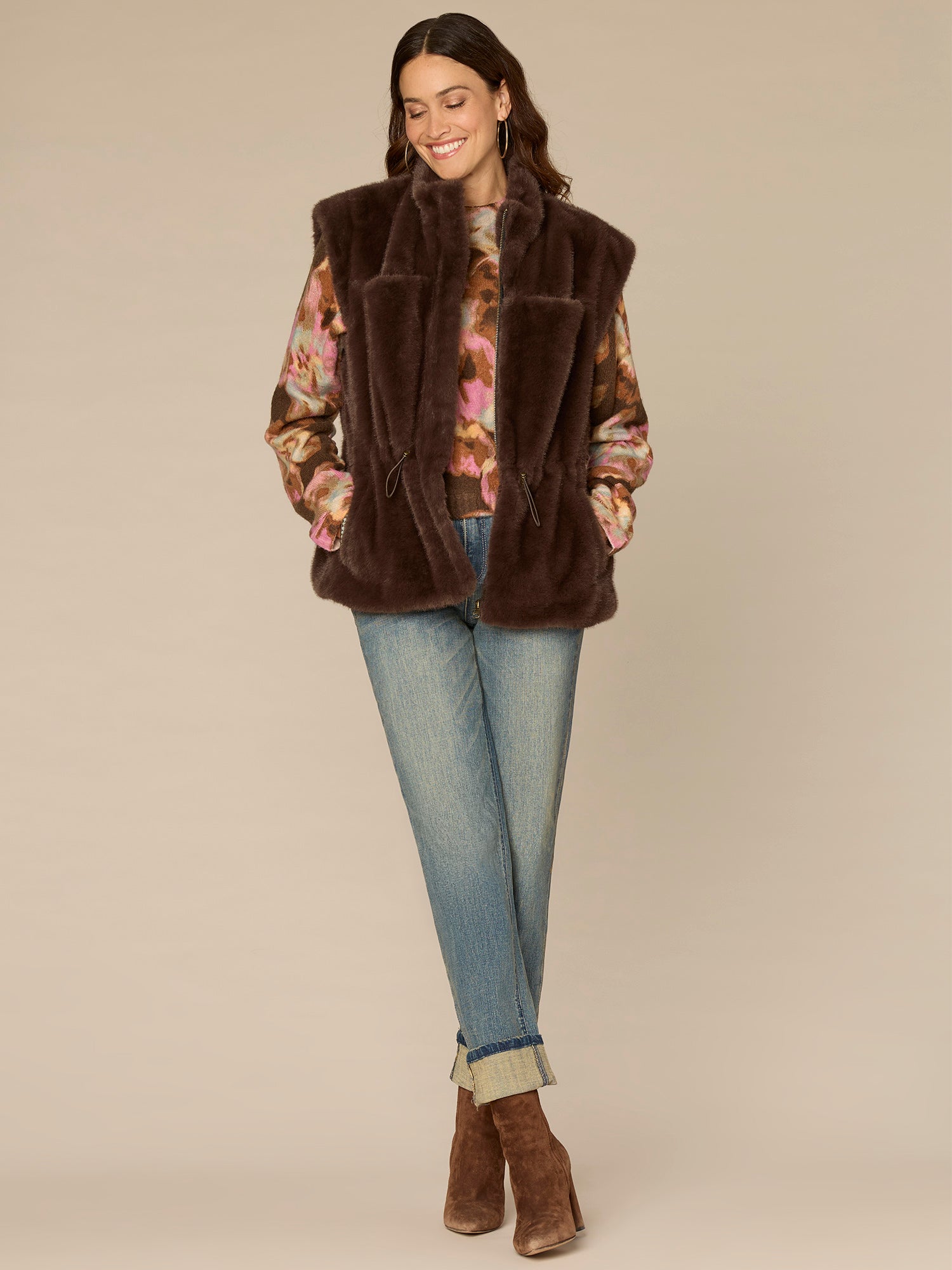 Cap Sleeve Funnel Neck Zip Front Woven Vest with Toggle Waist Ties - Image 2