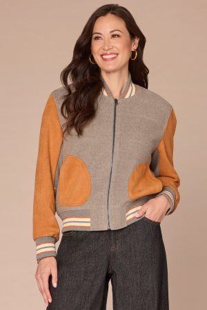 Long Sleeve Stand Collar Round Patch Pocket Mixed Media Woven Jacket