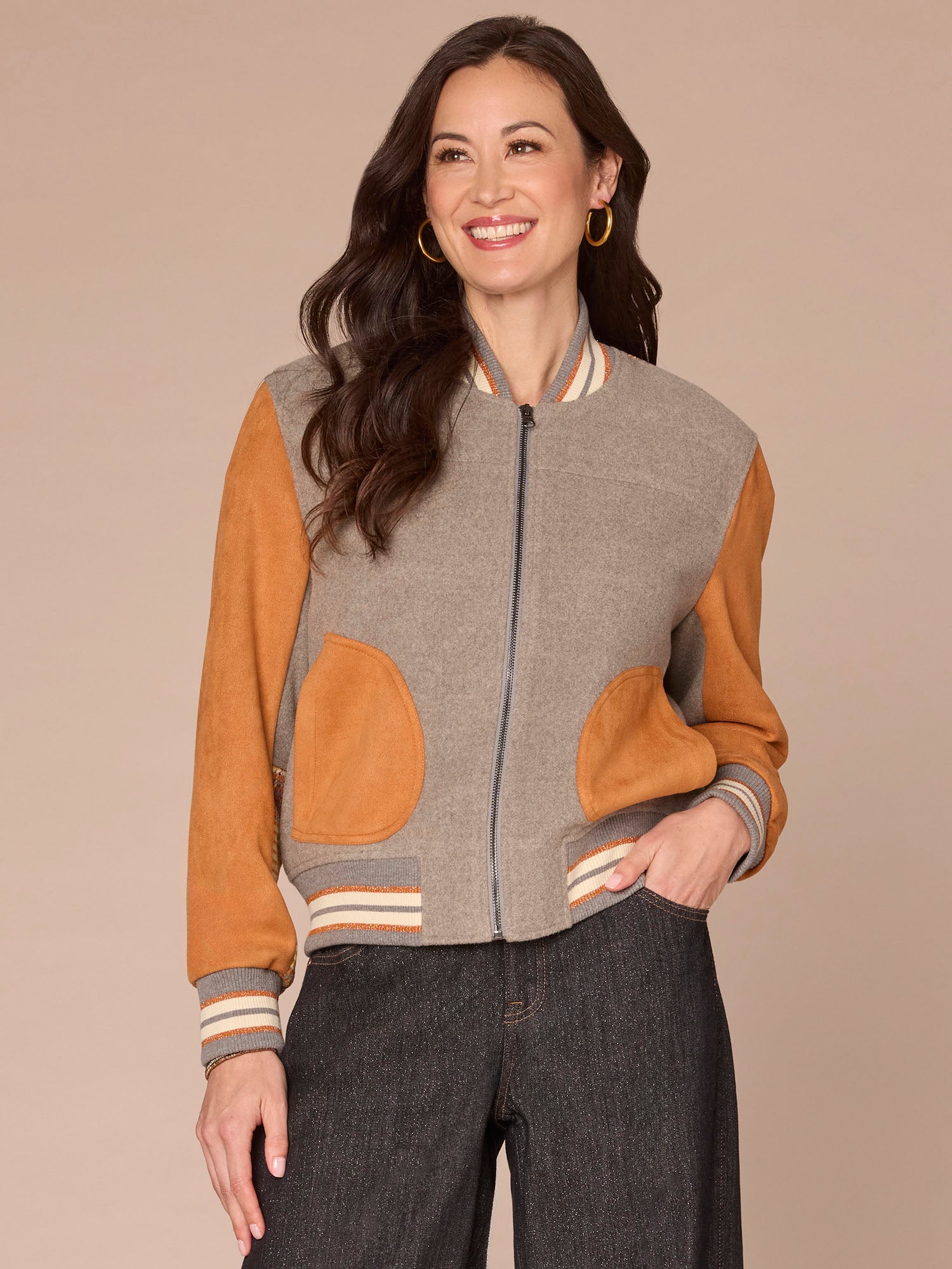 Long Sleeve Stand Collar Round Patch Pocket Mixed Media Woven Jacket