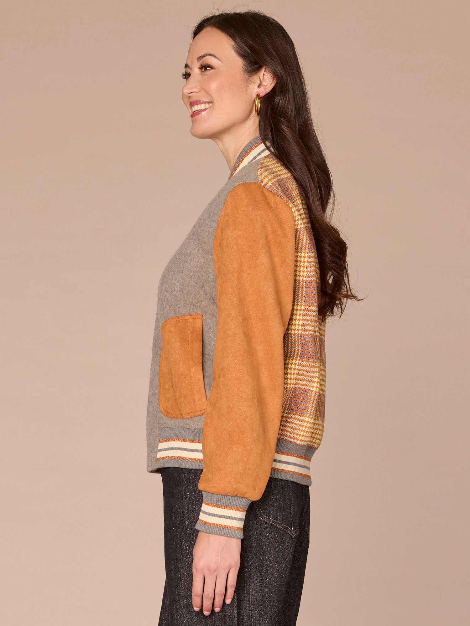 Long Sleeve Stand Collar Round Patch Pocket Mixed Media Woven Jacket - Image 2