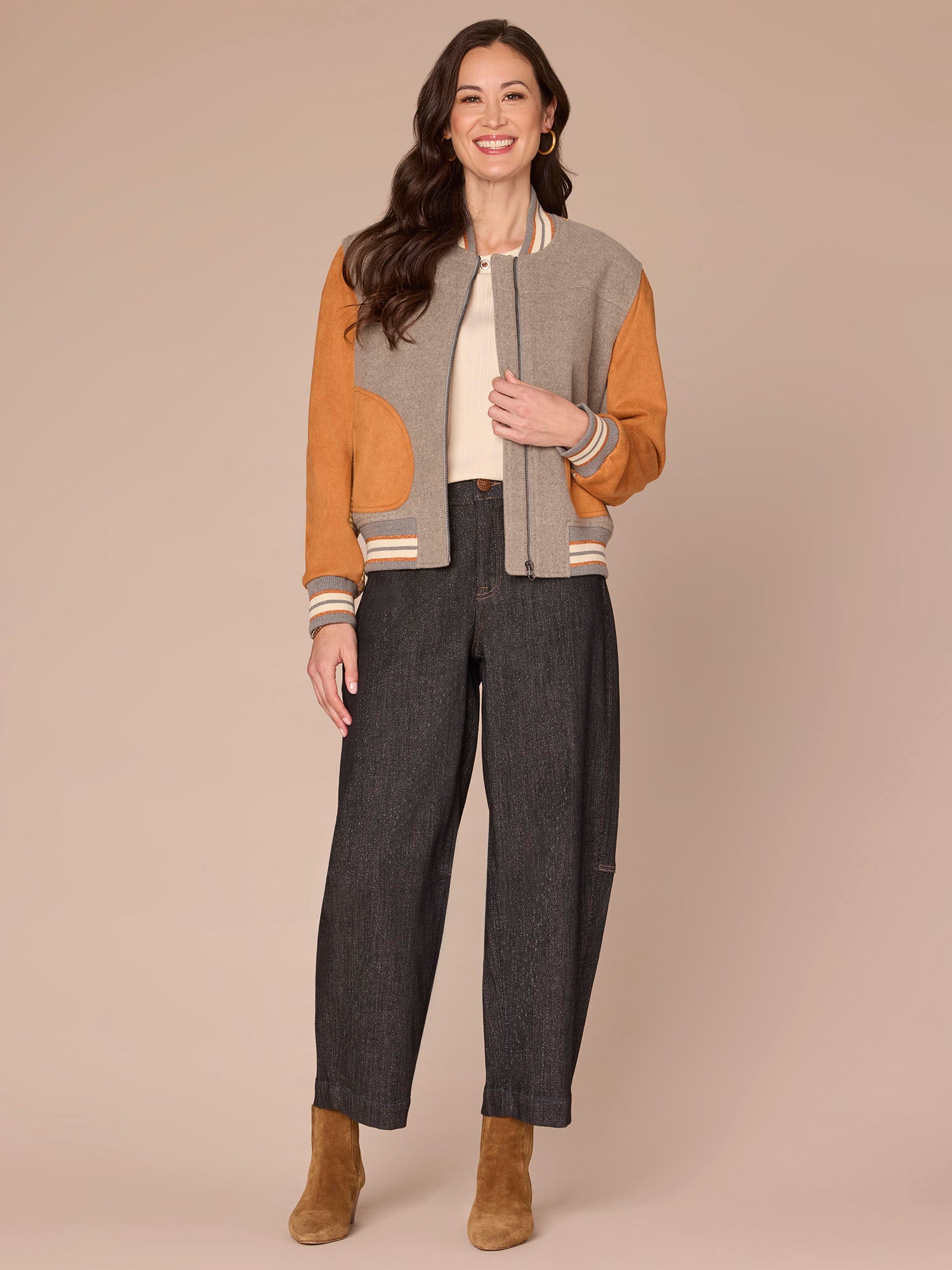 Long Sleeve Stand Collar Round Patch Pocket Mixed Media Woven Jacket - Image 4